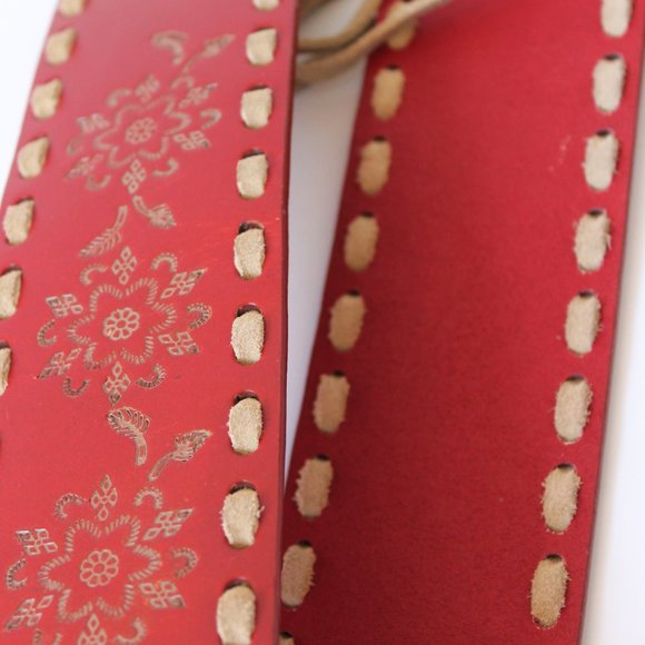 Vintage Red Floral Etching Suede Fringe Genuine Leather Belt / Fits 32W-38W - Picture 3 of 5